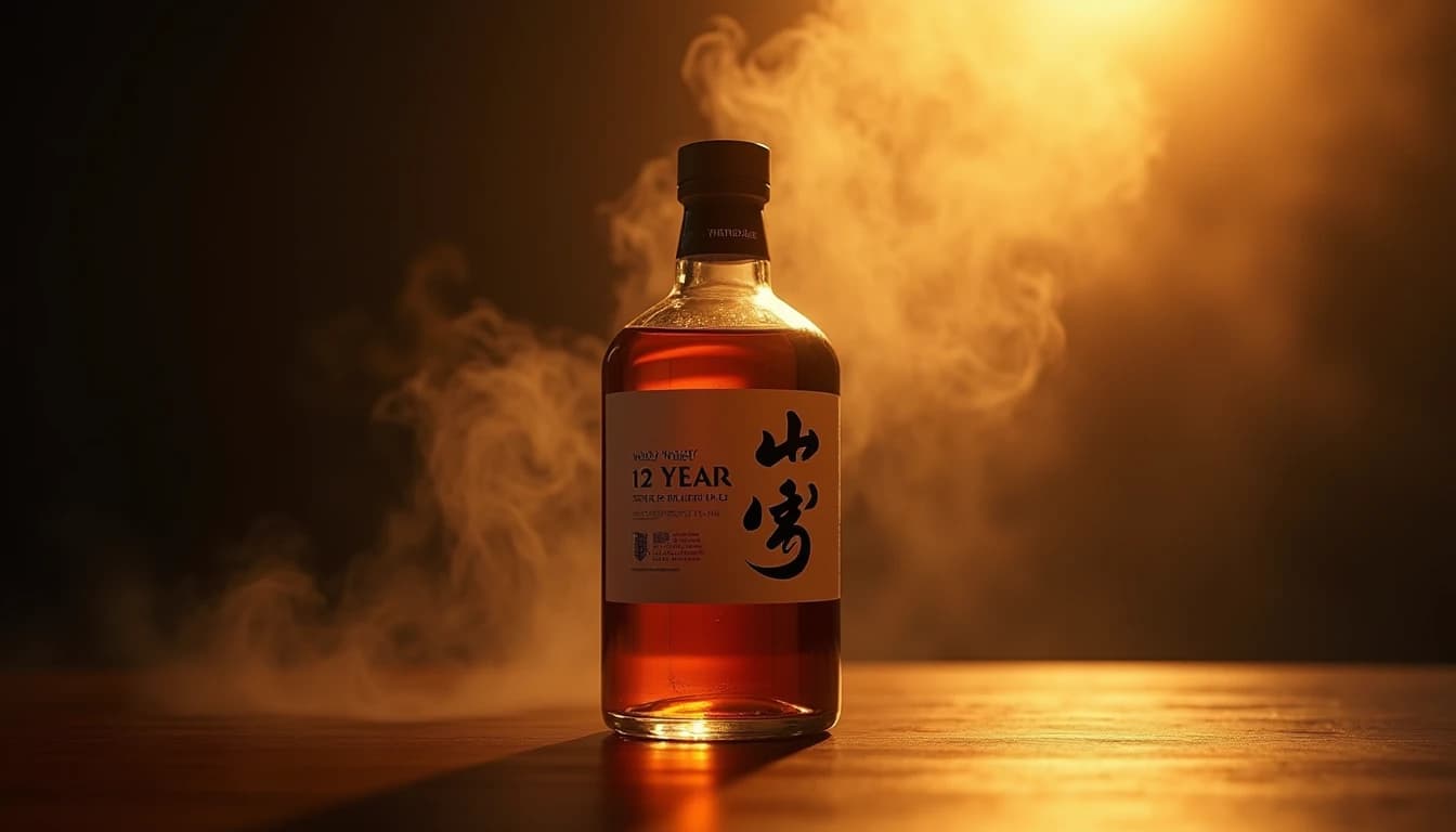 Photorealistic hero shot of a Yamazaki 12 Year Single Malt whisky bottle standing on a dark polished oak surface, soft warm amber backlight filtering through the liquid, gentle smoke wisps in background, deep shadows and golden highlights, 16:9 cinematic framing, moody Japanese aesthetic, shallow depth of field