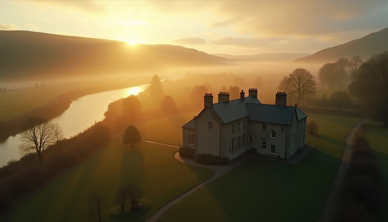 Aerial cinematic wide shot of Easter Elchies House at dawn, golden mist rising from the River Spey, ancient stone manor surrounded by Scottish highlands, soft amber and green tones, moody atmospheric lighting, photorealistic, 16:9 hero image