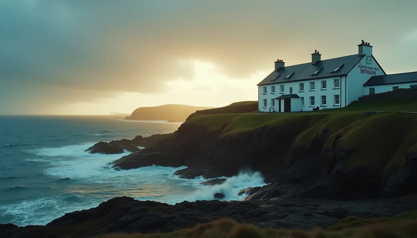 Cinematic 16:9 hero shot of Laphroaig distillery on the rugged Islay coastline at dusk, whitewashed stone buildings with the name painted in bold black letters, Atlantic ocean waves crashing nearby, moody overcast sky with golden light breaking through, wet peat ground in the foreground, photorealistic, dramatic and atmospheric
