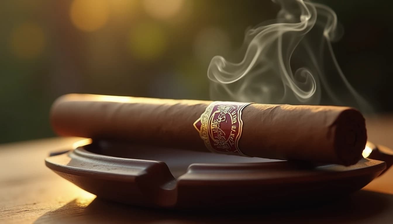 A close-up hero shot of a Romeo y Julieta No. 2 Havana corona cigar resting on a dark walnut ashtray, warm late afternoon sunlight streaming from the side, smoke curling lazily upward, shallow depth of field, photorealistic, cinematic 16:9 composition, muted earth tones