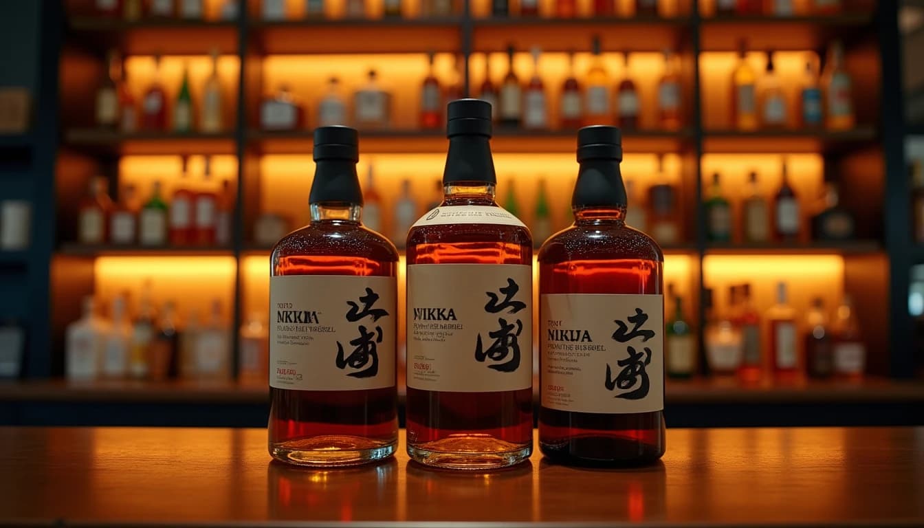 Editorial hero shot of three Japanese whisky bottles — Suntory Toki, Nikka From the Barrel, and Kaiyo — arranged on a dark walnut counter in a dimly lit specialty spirits shop, warm amber light from a low shelf lamp behind the bottles, shallow depth of field with blurred glass shelves in background, slight reflections on polished wood surface, no candles, no flowers, photographic style of Whisky Magazine, 35mm wide look, rich tones of amber and deep brown, editorial product photography, Whisky Magazine and Cigar Aficionado style, professional, hyperrealistic, warm amber lighting from window or bar lamp, polished wood and brass, shallow depth of field, 50mm lens look. Avoid: candles, lit candle, flowers, vases, Christmas decorations, neon, futuristic, jewelry, hanging bulbs, digital screens, motion blur, cartoon, illustration.