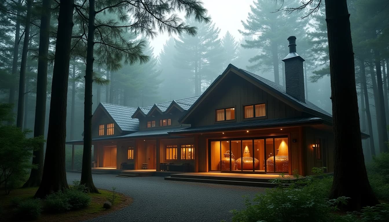 Editorial wide-angle hero shot of Hakushu distillery building nestled within a dense Japanese cedar forest in Yamanashi, early morning mist rising between tall conifers, traditional Japanese architecture with copper pot stills visible through large industrial windows, soft diffused natural light filtering through tree canopy, muted green and charcoal palette, photographic style of Whisky Magazine, no candles, no flowers, no neon, editorial product photography, Whisky Magazine and Cigar Aficionado style, professional, hyperrealistic, warm amber lighting from window or bar lamp, polished wood and brass, shallow depth of field, 50mm lens look. Avoid: candles, lit candle, flowers, vases, Christmas decorations, neon, futuristic, jewelry, hanging bulbs, digital screens, motion blur, cartoon, illustration.