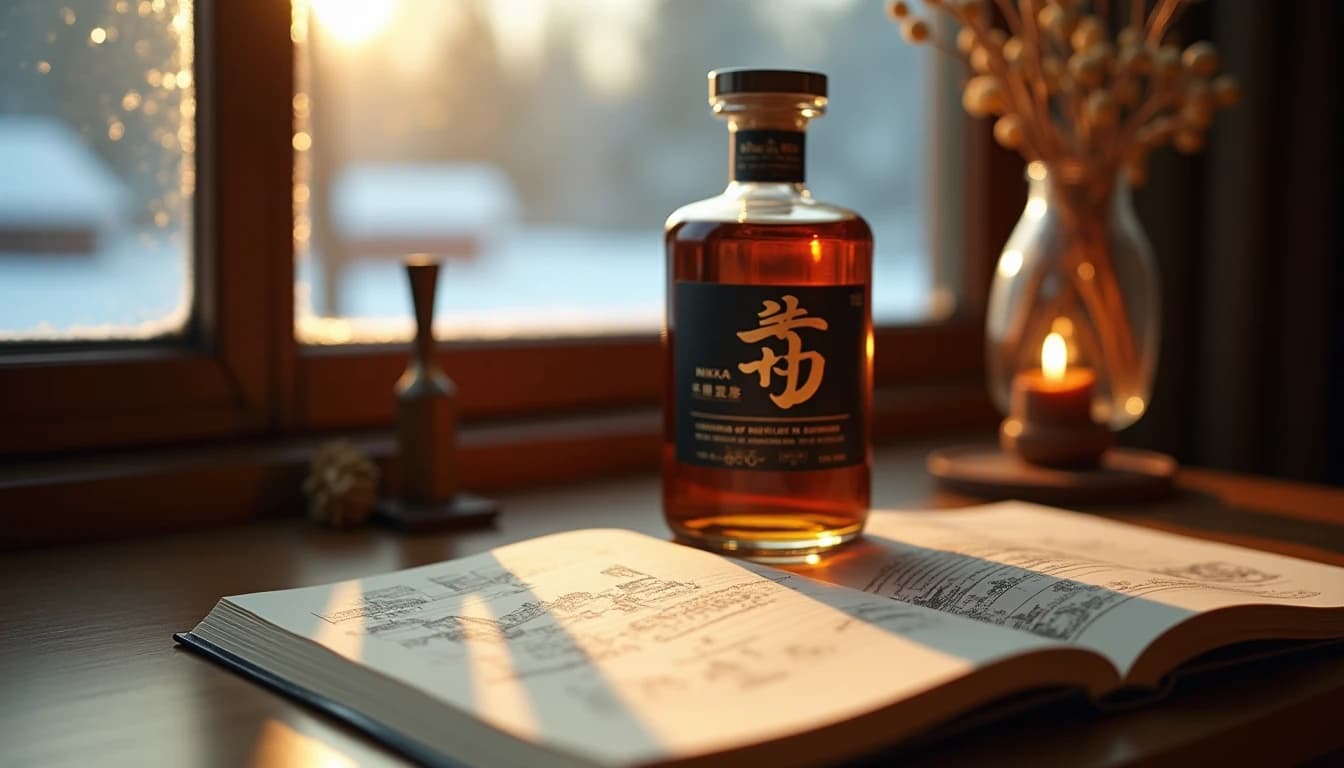 Editorial hero shot of a Nikka whisky bottle — dark label, amber liquid — placed on a worn wooden desk beside an open handwritten notebook filled with distillery sketches and measurements, soft warm morning window light from the left casting long shadows, muted brown and ochre color palette, blurred Hokkaido winter landscape visible through frosted glass behind, medium shot, 35mm photographic feel, Whisky Magazine style, no candles, no flowers, no neon, editorial product photography, Whisky Magazine and Cigar Aficionado style, professional, hyperrealistic, warm amber lighting from window or bar lamp, polished wood and brass, shallow depth of field, 50mm lens look. Avoid: candles, lit candle, flowers, vases, Christmas decorations, neon, futuristic, jewelry, hanging bulbs, digital screens, motion blur, cartoon, illustration.