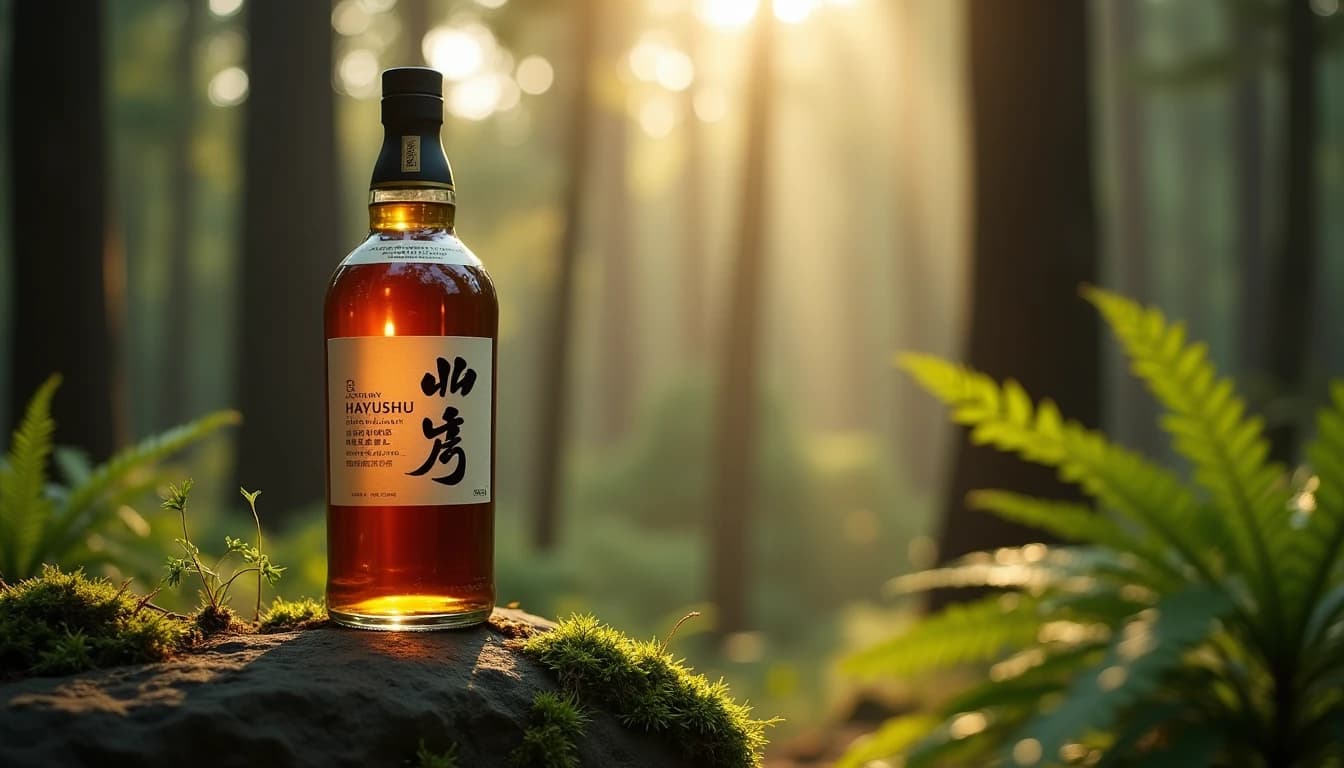 Editorial 16:9 hero shot of a Hakushu Single Malt Suntory Whisky bottle standing on a mossy stone surface in a dense Japanese cedar forest, soft diffused morning light filtering through tall pine canopies, amber and green color palette, shallow depth of field, blurred fern foliage in background, Whisky Magazine editorial style, 35mm look, no candles, no flowers, no neon, editorial product photography, Whisky Magazine and Cigar Aficionado style, professional, hyperrealistic, warm amber lighting from window or bar lamp, polished wood and brass, shallow depth of field, 50mm lens look. Avoid: candles, lit candle, flowers, vases, Christmas decorations, neon, futuristic, jewelry, hanging bulbs, digital screens, motion blur, cartoon, illustration.