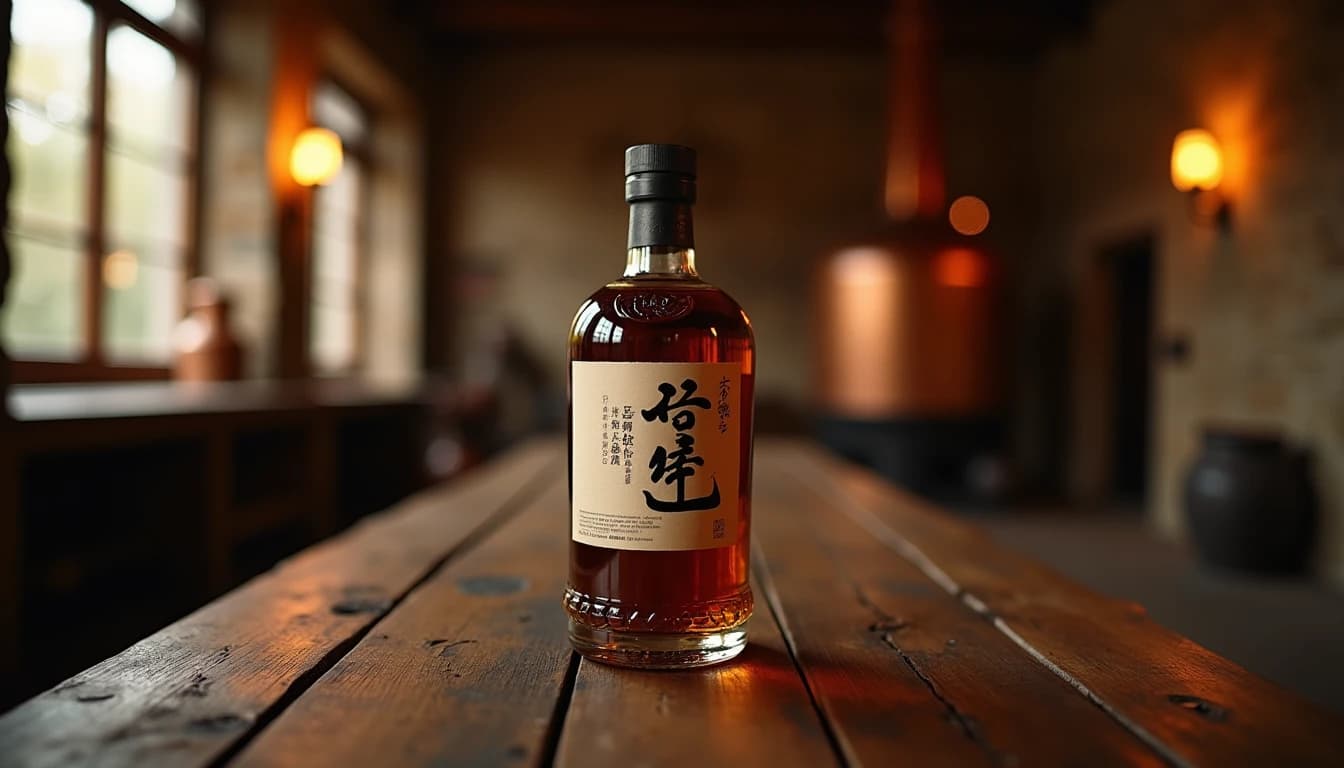 Editorial hero shot of a Nikka whisky bottle — dark amber glass with Japanese label — standing on a weathered oak table inside a moody Yoichi distillery setting, stone walls and copper pot stills visible in the soft background, warm amber window light streaming from the left, shallow depth of field, photographic style of Whisky Magazine, 35mm look, no candles, no flowers, rich dark tones, editorial product photography, Whisky Magazine and Cigar Aficionado style, professional, hyperrealistic, warm amber lighting from window or bar lamp, polished wood and brass, shallow depth of field, 50mm lens look. Avoid: candles, lit candle, flowers, vases, Christmas decorations, neon, futuristic, jewelry, hanging bulbs, digital screens, motion blur, cartoon, illustration.