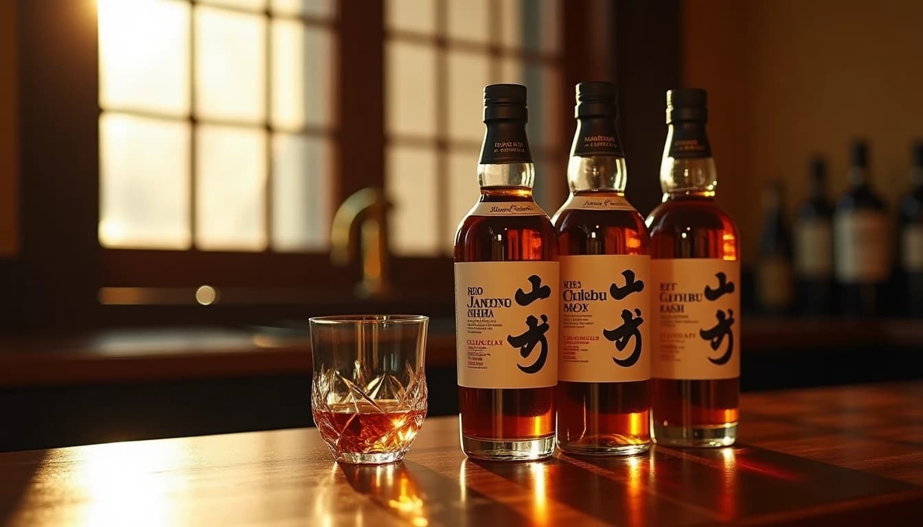 Editorial hero shot of three Japanese whisky bottles — Yamazaki, Nikka and Chichibu labels clearly visible — arranged on a dark walnut bar counter with a Glencairn glass of amber liquid in foreground, soft warm side lighting from a low window casting long shadows, polished wood surface reflecting amber tones, blurred traditional Japanese shoji screen in background, Whisky Magazine editorial style, 35mm wide angle, shallow depth of field, no candles, no flowers, no neon, editorial product photography, Whisky Magazine and Cigar Aficionado style, professional, hyperrealistic, warm amber lighting from window or bar lamp, polished wood and brass, shallow depth of field, 50mm lens look. Avoid: candles, lit candle, flowers, vases, Christmas decorations, neon, futuristic, jewelry, hanging bulbs, digital screens, motion blur, cartoon, illustration.