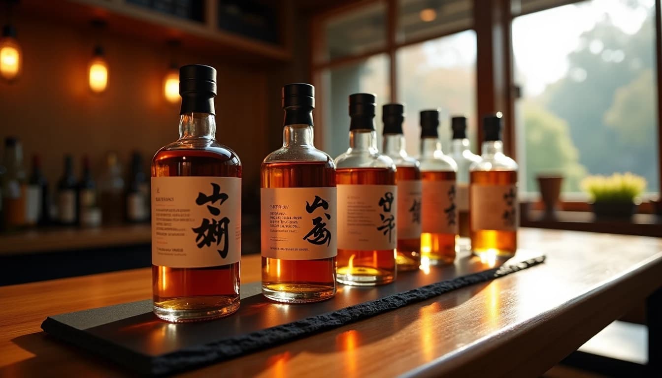 Editorial hero shot of seven different Japanese craft whisky bottles lined up on a dark slate surface, various labels visible including small distillery branding, warm amber window light from the right side casting long shadows, blurred Japanese wooden architecture in background, photographic style of Whisky Magazine, 35mm wide angle look, deep focus, rich color palette of copper and charcoal, no candles, no flowers, no neon, editorial product photography, Whisky Magazine and Cigar Aficionado style, professional, hyperrealistic, warm amber lighting from window or bar lamp, polished wood and brass, shallow depth of field, 50mm lens look. Avoid: candles, lit candle, flowers, vases, Christmas decorations, neon, futuristic, jewelry, hanging bulbs, digital screens, motion blur, cartoon, illustration.