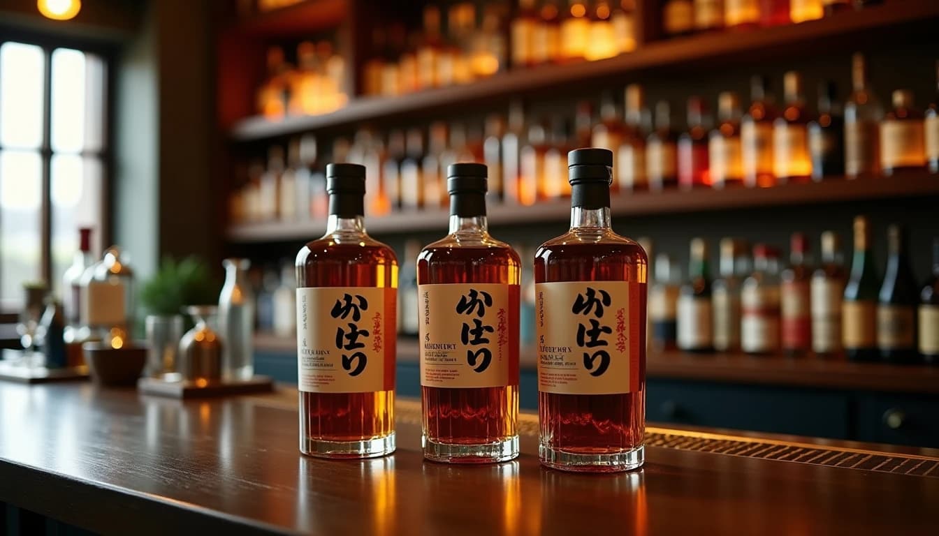 Editorial hero shot of three Japanese whisky bottles — Suntory Toki, Nikka From the Barrel, and Kaiyo — arranged on a dark walnut bar counter, soft warm amber window light coming from the left side, polished dark wood surface reflecting the bottles, blurred rows of whisky bottles on shelves in background, Whisky Magazine editorial style, 35mm look, shallow depth of field, low-key warm tones, no candles, no flowers, no neon, editorial product photography, Whisky Magazine and Cigar Aficionado style, professional, hyperrealistic, warm amber lighting from window or bar lamp, polished wood and brass, shallow depth of field, 50mm lens look. Avoid: candles, lit candle, flowers, vases, Christmas decorations, neon, futuristic, jewelry, hanging bulbs, digital screens, motion blur, cartoon, illustration.