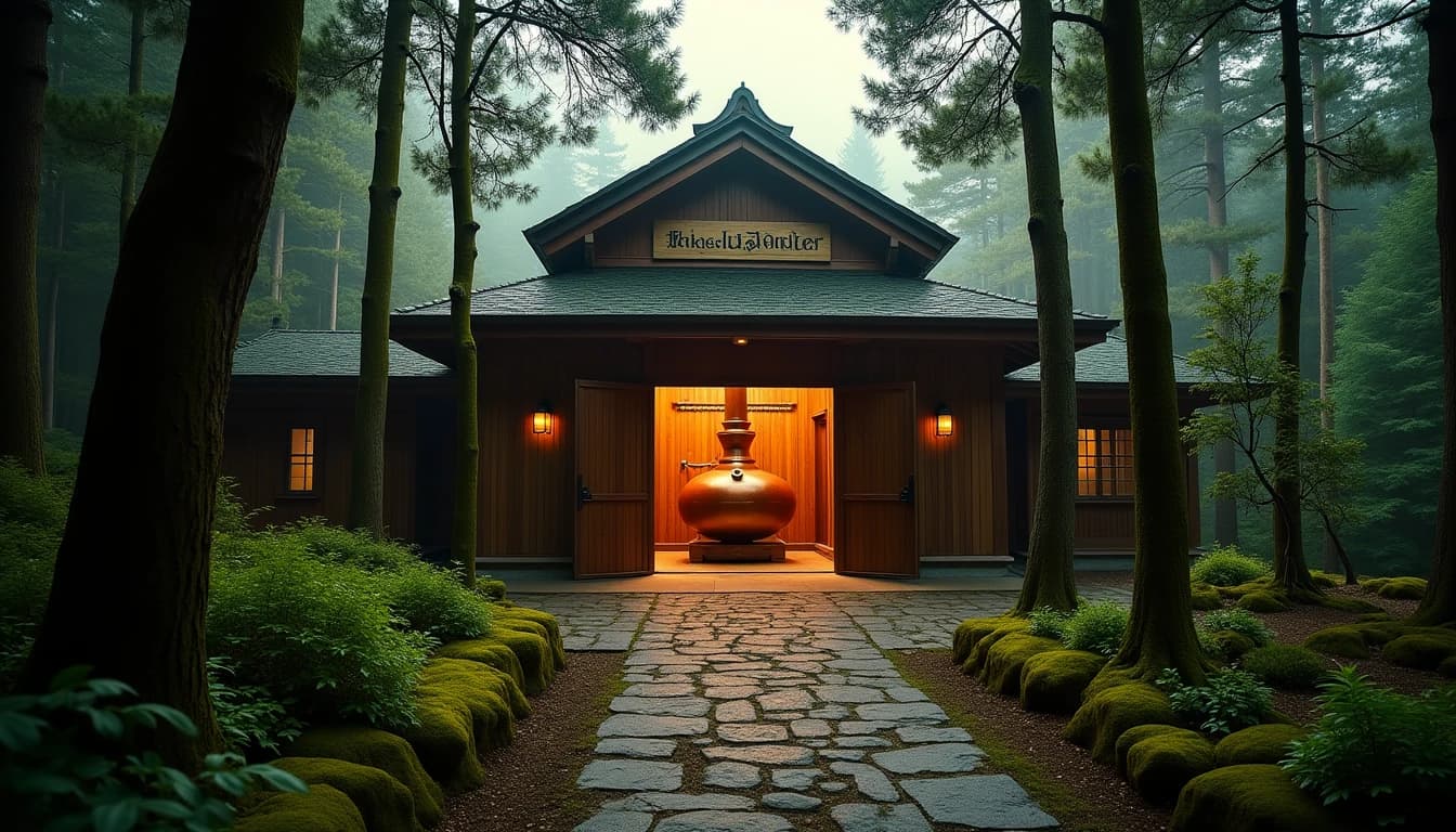 Editorial wide-angle shot of Hakushu Distillery building partially hidden among dense Japanese cedar and pine forest, late afternoon warm side-light filtering through canopy, moss-covered stone path leading to a copper pot still visible through open distillery doors, mist rising from the forest floor, deep greens and amber tones, photographic style of Whisky Magazine, no candles, no flowers, no neon, editorial product photography, Whisky Magazine and Cigar Aficionado style, professional, hyperrealistic, warm amber lighting from window or bar lamp, polished wood and brass, shallow depth of field, 50mm lens look. Avoid: candles, lit candle, flowers, vases, Christmas decorations, neon, futuristic, jewelry, hanging bulbs, digital screens, motion blur, cartoon, illustration.