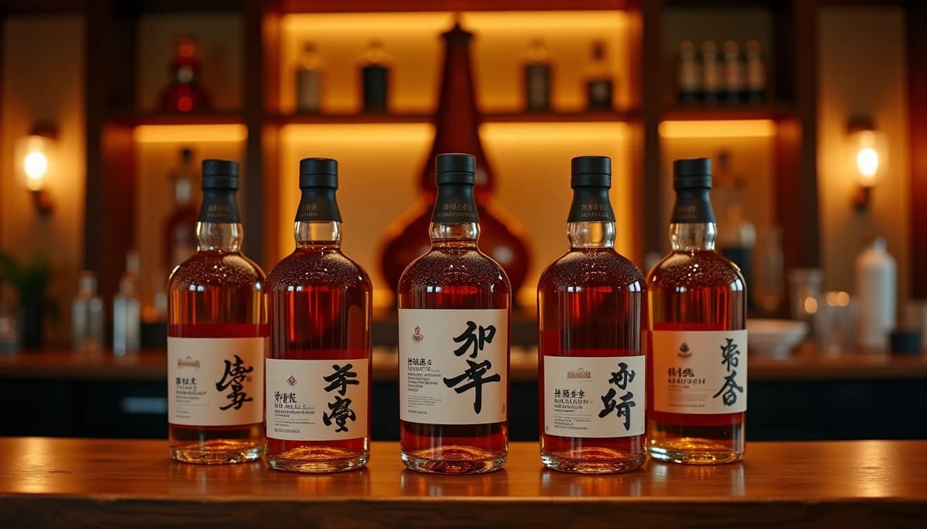 Editorial wide-angle hero shot of seven Japanese whisky bottles from small craft distilleries — Chichibu, Kanosuke, Akkeshi — arranged on a dark knotted cedar wood counter in a Japanese-style tasting room, warm amber backlighting from a low wooden lamp behind the bar shelves, soft shadows, matte labels visible, copper pot still blurred in background, photographic style of Whisky Magazine, 35mm look, rich earth tones, no candles, no flowers, no neon, editorial product photography, Whisky Magazine and Cigar Aficionado style, professional, hyperrealistic, warm amber lighting from window or bar lamp, polished wood and brass, shallow depth of field, 50mm lens look. Avoid: candles, lit candle, flowers, vases, Christmas decorations, neon, futuristic, jewelry, hanging bulbs, digital screens, motion blur, cartoon, illustration.