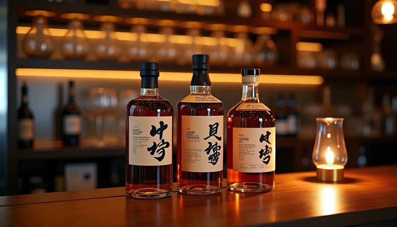 Editorial hero shot of three Japanese whisky bottles — Suntory Toki, Nikka From the Barrel, and Kaiyo — arranged on a dark walnut bar counter, warm amber side-lighting from a low bar lamp on the right, polished wood surface reflecting the labels softly, blurred shelves with glassware in the background, shallow depth of field, Whisky Magazine editorial style, 35mm look, rich earthy tones, no candles, no flowers, no neon, editorial product photography, Whisky Magazine and Cigar Aficionado style, professional, hyperrealistic, warm amber lighting from window or bar lamp, polished wood and brass, shallow depth of field, 50mm lens look. Avoid: candles, lit candle, flowers, vases, Christmas decorations, neon, futuristic, jewelry, hanging bulbs, digital screens, motion blur, cartoon, illustration.