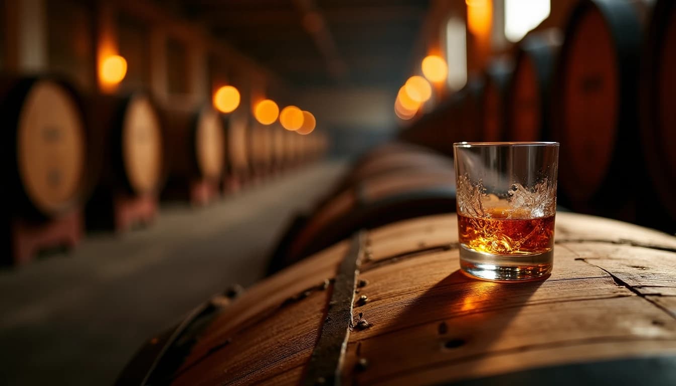 Editorial hero shot of a Japanese Mizunara oak whisky cask lying horizontally in a dim warehouse, warm amber side-lighting from a high window illuminating the grain texture of the wood, a Glencairn glass with golden whisky resting on top of the barrel, soft depth of field with rows of barrels fading into shadow behind, photographic style of Whisky Magazine, 35mm wide look, rich walnut and amber tones, no candles, no flowers, editorial product photography, Whisky Magazine and Cigar Aficionado style, professional, hyperrealistic, warm amber lighting from window or bar lamp, polished wood and brass, shallow depth of field, 50mm lens look. Avoid: candles, lit candle, flowers, vases, Christmas decorations, neon, futuristic, jewelry, hanging bulbs, digital screens, motion blur, cartoon, illustration.