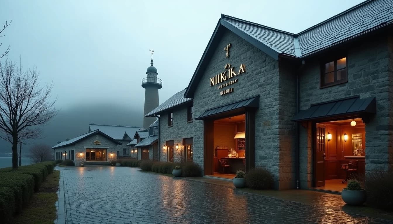 Editorial wide shot of Nikka Yoichi distillery exterior on a grey overcast Hokkaido morning, traditional Scottish-influenced stone building with copper pot stills visible through open warehouse doors, mist rising from the nearby coast, wet cobblestone foreground, muted olive and slate color palette, cinematic natural light, no artificial lighting, photographic style of Whisky Magazine, 35mm perspective, no candles, no flowers, editorial product photography, Whisky Magazine and Cigar Aficionado style, professional, hyperrealistic, warm amber lighting from window or bar lamp, polished wood and brass, shallow depth of field, 50mm lens look. Avoid: candles, lit candle, flowers, vases, Christmas decorations, neon, futuristic, jewelry, hanging bulbs, digital screens, motion blur, cartoon, illustration.