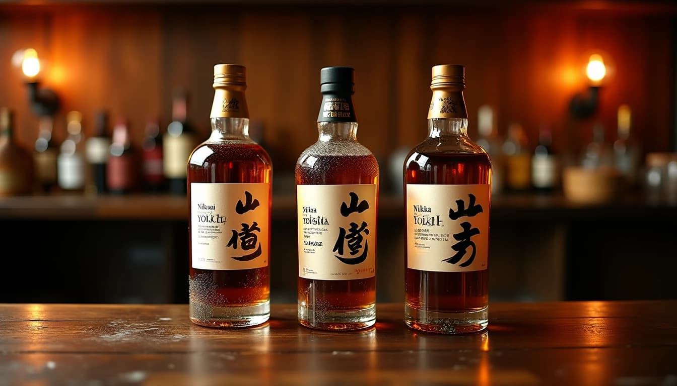 Editorial hero shot of three distinct Japanese whisky bottles — Yamazaki, Nikka Yoichi, and an unmarked blended bottle — arranged on a dark aged oak bar counter, soft warm amber side-lighting from a bar lamp, wooden paneling in background, condensation on glass, shallow depth of field, Whisky Magazine editorial style, 35mm perspective, rich mahogany tones, no candles, no flowers, no neon, editorial product photography, Whisky Magazine and Cigar Aficionado style, professional, hyperrealistic, warm amber lighting from window or bar lamp, polished wood and brass, shallow depth of field, 50mm lens look. Avoid: candles, lit candle, flowers, vases, Christmas decorations, neon, futuristic, jewelry, hanging bulbs, digital screens, motion blur, cartoon, illustration.