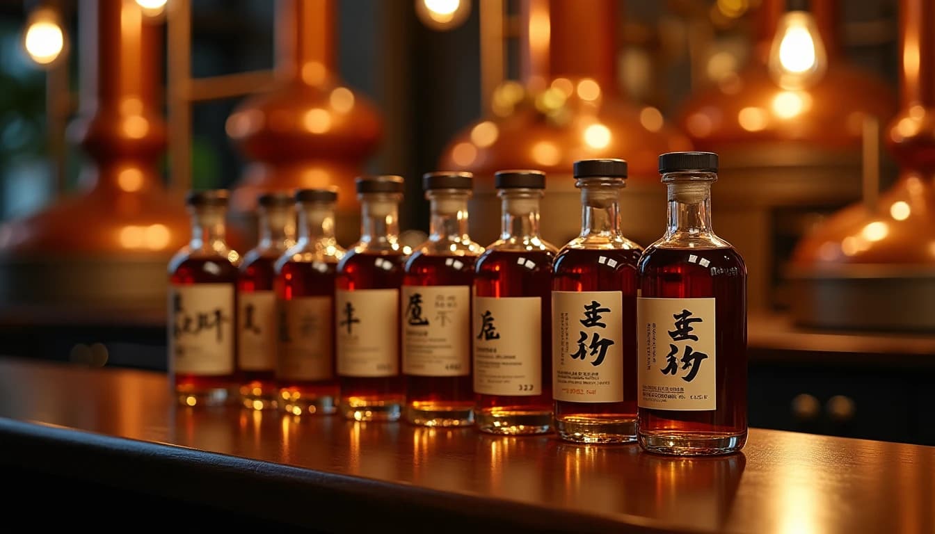 Editorial hero shot of seven small Japanese craft whisky bottles arranged on a dark kiri wood table, each bottle slightly different in shape and label design, soft warm amber side lighting from a low bar lamp, shallow depth of field with blurred distillery copper pot stills visible in background, color palette of deep mahogany and gold, Whisky Magazine editorial style, 35mm lens impression, no candles, no flowers, no neon, editorial product photography, Whisky Magazine and Cigar Aficionado style, professional, hyperrealistic, warm amber lighting from window or bar lamp, polished wood and brass, shallow depth of field, 50mm lens look. Avoid: candles, lit candle, flowers, vases, Christmas decorations, neon, futuristic, jewelry, hanging bulbs, digital screens, motion blur, cartoon, illustration.