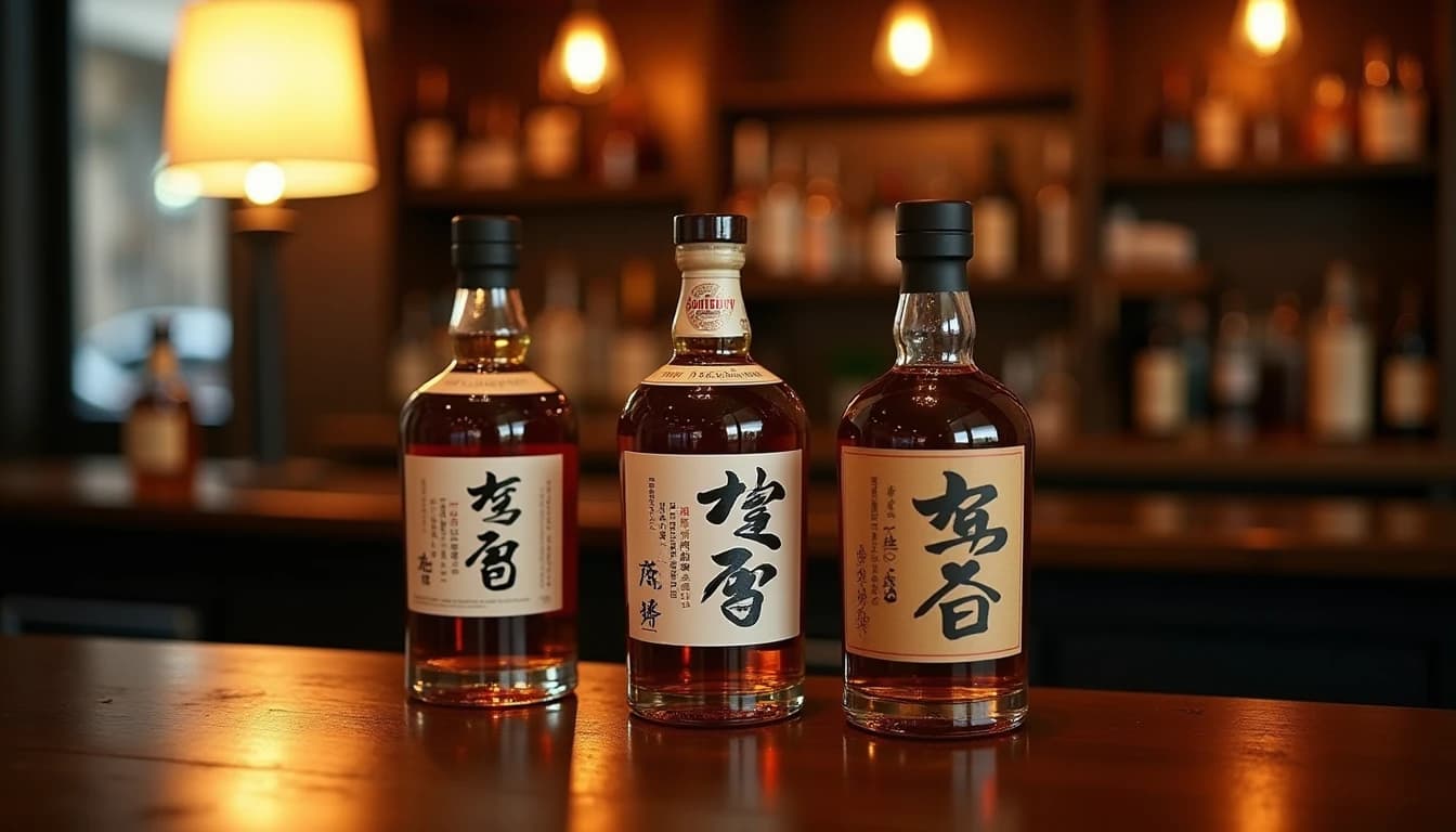 Editorial hero shot of three Japanese whisky bottles — Suntory Toki, Nikka From the Barrel, and Kaiyo — arranged on a dark walnut bar counter in Istanbul, warm amber side-lighting from a low bar lamp at left, shallow depth of field with blurred back-bar bottles, polished wood surface with faint reflections, rich dark tones, Whisky Magazine editorial photography style, 35mm lens look, no candles, no flowers, no neon, editorial product photography, Whisky Magazine and Cigar Aficionado style, professional, hyperrealistic, warm amber lighting from window or bar lamp, polished wood and brass, shallow depth of field, 50mm lens look. Avoid: candles, lit candle, flowers, vases, Christmas decorations, neon, futuristic, jewelry, hanging bulbs, digital screens, motion blur, cartoon, illustration.