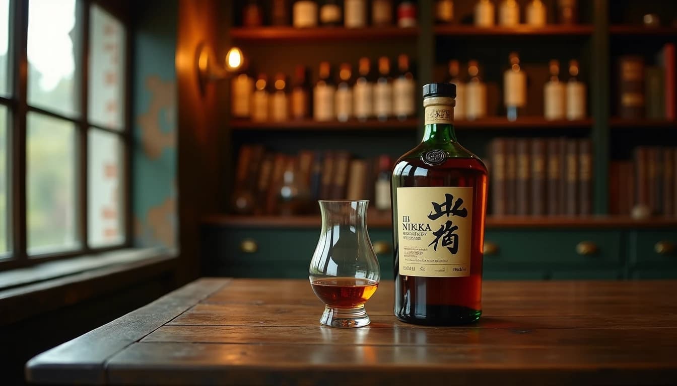 Editorial hero shot of a Nikka Whisky bottle and a Glencairn glass on a dark aged oak desk in a Japanese distillery archive room, soft warm amber light entering from a tall side window, wooden shelves lined with old ledgers and whisky samples in background, muted earthy tones — dark walnut, amber, deep green — shallow depth of field, 35mm photographic style reminiscent of Whisky Magazine cover, no candles, no flowers, no neon, editorial product photography, Whisky Magazine and Cigar Aficionado style, professional, hyperrealistic, warm amber lighting from window or bar lamp, polished wood and brass, shallow depth of field, 50mm lens look. Avoid: candles, lit candle, flowers, vases, Christmas decorations, neon, futuristic, jewelry, hanging bulbs, digital screens, motion blur, cartoon, illustration.