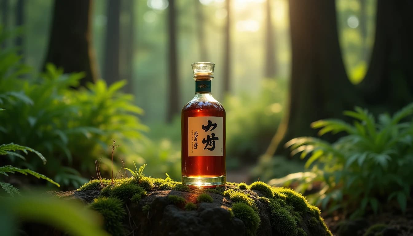 Editorial hero shot of a Hakushu single malt whisky bottle standing on a mossy rock surface deep inside a Japanese cedar forest, soft diffused daylight filtering through dense forest canopy above, green ferns and undergrowth in background, amber liquid visible through glass, shallow depth of field, cool-green and warm-amber color palette, Whisky Magazine editorial style, 35mm lens feel, no candles, no flowers, no neon, editorial product photography, Whisky Magazine and Cigar Aficionado style, professional, hyperrealistic, warm amber lighting from window or bar lamp, polished wood and brass, shallow depth of field, 50mm lens look. Avoid: candles, lit candle, flowers, vases, Christmas decorations, neon, futuristic, jewelry, hanging bulbs, digital screens, motion blur, cartoon, illustration.