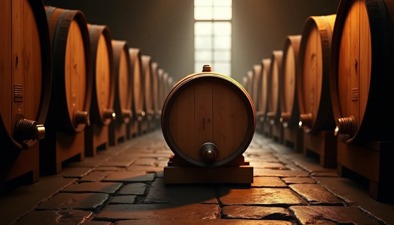 Editorial hero shot of a Mizunara oak whisky cask in a dimly lit Japanese distillery warehouse, aged wooden barrels stacked on stone floor, warm amber side-lighting from a high narrow window casting long shadows across the cask surface, texture of the wood grain visible and rich, wide-angle composition with depth, foggy background of barrel rows, earthy tones of brown and ochre, photographic style of Whisky Magazine, no candles, no flowers, no neon, editorial product photography, Whisky Magazine and Cigar Aficionado style, professional, hyperrealistic, warm amber lighting from window or bar lamp, polished wood and brass, shallow depth of field, 50mm lens look. Avoid: candles, lit candle, flowers, vases, Christmas decorations, neon, futuristic, jewelry, hanging bulbs, digital screens, motion blur, cartoon, illustration.