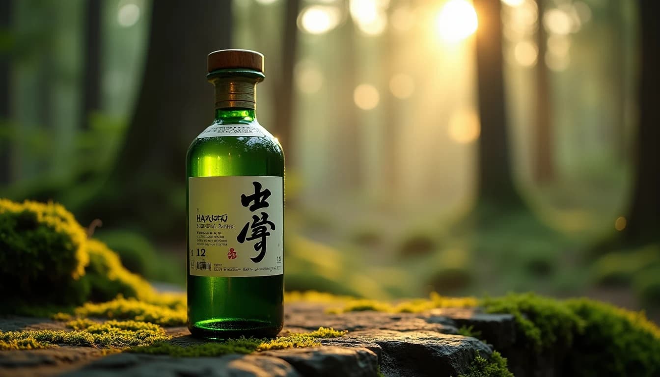 Editorial hero shot of a Hakushu 12 Year single malt whisky bottle placed on a mossy stone surface surrounded by dense Japanese cedar forest, soft diffused daylight filtering through tall trees above, green and amber color palette, shallow depth of field with bokeh forest background, no candles, no flowers, photographic style of Whisky Magazine, wide angle impression, misty mountain atmosphere, 35mm look, editorial product photography, Whisky Magazine and Cigar Aficionado style, professional, hyperrealistic, warm amber lighting from window or bar lamp, polished wood and brass, shallow depth of field, 50mm lens look. Avoid: candles, lit candle, flowers, vases, Christmas decorations, neon, futuristic, jewelry, hanging bulbs, digital screens, motion blur, cartoon, illustration.
