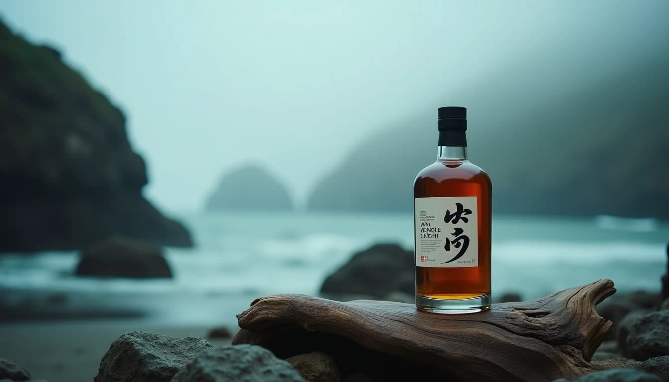 Editorial hero shot of a Nikka Yoichi Single Malt bottle standing on a weathered driftwood surface near a rocky Hokkaido coastline, overcast diffused natural light from the left, sea mist in the background, dark teal and amber tones, low-angle perspective highlighting the bottle label, sparse composition, wet stone texture in foreground, photographic style of Whisky Magazine, 35mm look, no candles, no flowers, no neon, editorial product photography, Whisky Magazine and Cigar Aficionado style, professional, hyperrealistic, warm amber lighting from window or bar lamp, polished wood and brass, shallow depth of field, 50mm lens look. Avoid: candles, lit candle, flowers, vases, Christmas decorations, neon, futuristic, jewelry, hanging bulbs, digital screens, motion blur, cartoon, illustration.