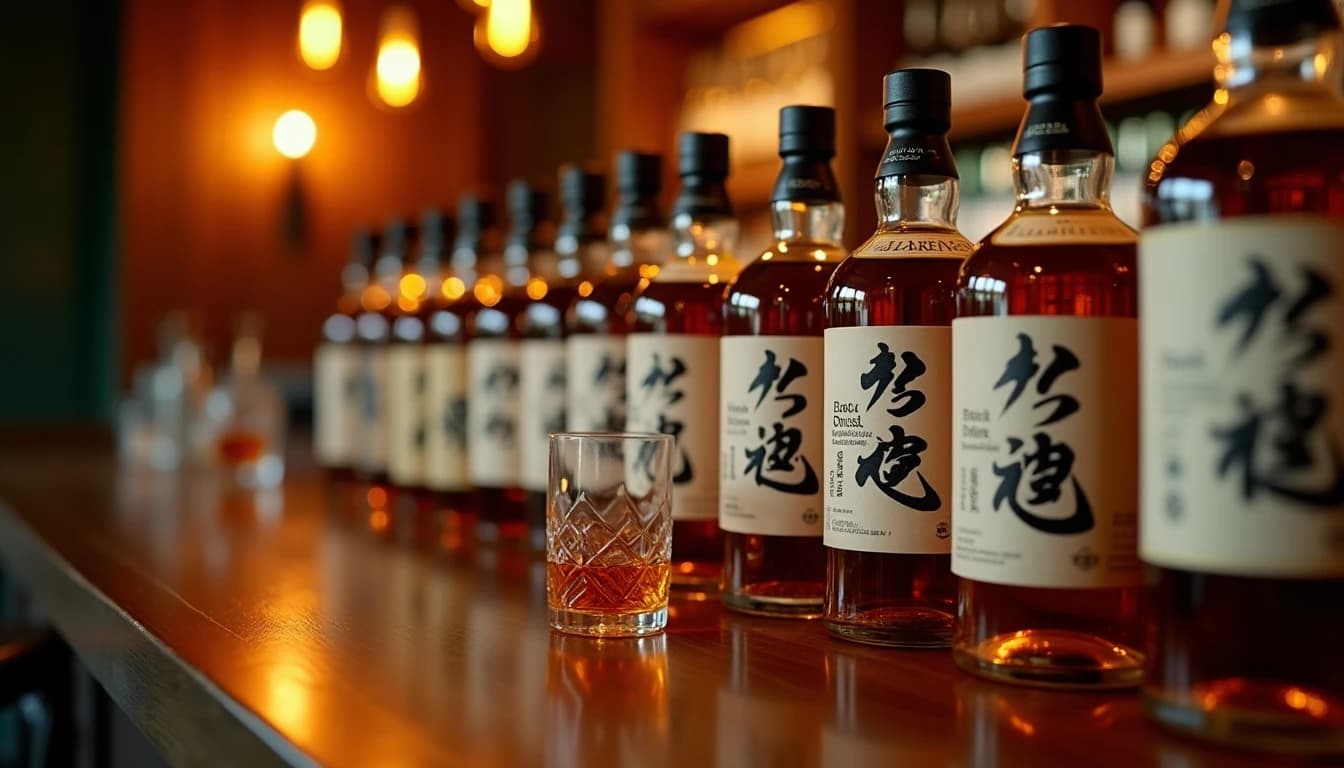 Editorial hero shot of several Japanese whisky bottles lined up on a dark walnut bar counter, labels facing forward with kanji characters clearly visible, warm amber backlight from a low bar lamp behind the bottles, shallow depth of field blurring a copper Glencairn glass in the foreground, rich mahogany tones, Whisky Magazine cover style, 35mm lens feel, no candles, no flowers, no neon, editorial product photography, Whisky Magazine and Cigar Aficionado style, professional, hyperrealistic, warm amber lighting from window or bar lamp, polished wood and brass, shallow depth of field, 50mm lens look. Avoid: candles, lit candle, flowers, vases, Christmas decorations, neon, futuristic, jewelry, hanging bulbs, digital screens, motion blur, cartoon, illustration.