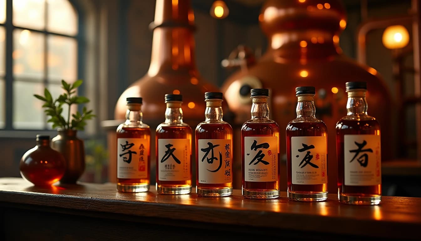 Editorial wide-angle hero shot of seven small Japanese whisky bottles lined on a dark walnut wooden shelf inside a dimly lit Japanese distillery, varying label designs, warm amber backlighting from distillery windows, copper pot still visible blurred in background, morning mist through industrial glass panes, rich earth tones and copper palette, photographic style of Whisky Magazine, 24mm look, deep focus, no candles, no flowers, no neon, editorial product photography, Whisky Magazine and Cigar Aficionado style, professional, hyperrealistic, warm amber lighting from window or bar lamp, polished wood and brass, shallow depth of field, 50mm lens look. Avoid: candles, lit candle, flowers, vases, Christmas decorations, neon, futuristic, jewelry, hanging bulbs, digital screens, motion blur, cartoon, illustration.