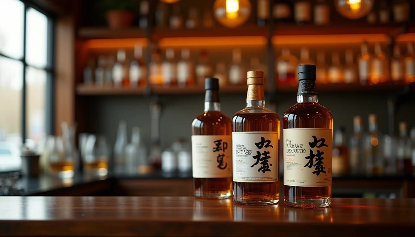 Editorial hero shot of three Japanese whisky bottles — Suntory Toki, Nikka From the Barrel, and Kaiyo Mizunara — arranged on a dark walnut bar counter, soft warm amber light coming from left-side window, shallow depth of field with blurred bar shelves in background, polished wood surface with subtle grain texture, Whisky Magazine editorial style, 35mm look, no candles, no flowers, no neon, editorial product photography, Whisky Magazine and Cigar Aficionado style, professional, hyperrealistic, warm amber lighting from window or bar lamp, polished wood and brass, shallow depth of field, 50mm lens look. Avoid: candles, lit candle, flowers, vases, Christmas decorations, neon, futuristic, jewelry, hanging bulbs, digital screens, motion blur, cartoon, illustration.