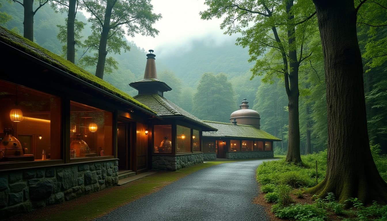 Editorial wide-angle photograph of Hakushu distillery buildings nestled among dense Japanese cedar and beech forest, early morning mist rising between the trees, soft diffused daylight filtering through canopy, copper pot stills visible through large industrial windows, green moss on stone walls, mountain backdrop, photographic style of Whisky Magazine, muted green and amber palette, no candles, no flowers, no neon, editorial product photography, Whisky Magazine and Cigar Aficionado style, professional, hyperrealistic, warm amber lighting from window or bar lamp, polished wood and brass, shallow depth of field, 50mm lens look. Avoid: candles, lit candle, flowers, vases, Christmas decorations, neon, futuristic, jewelry, hanging bulbs, digital screens, motion blur, cartoon, illustration.