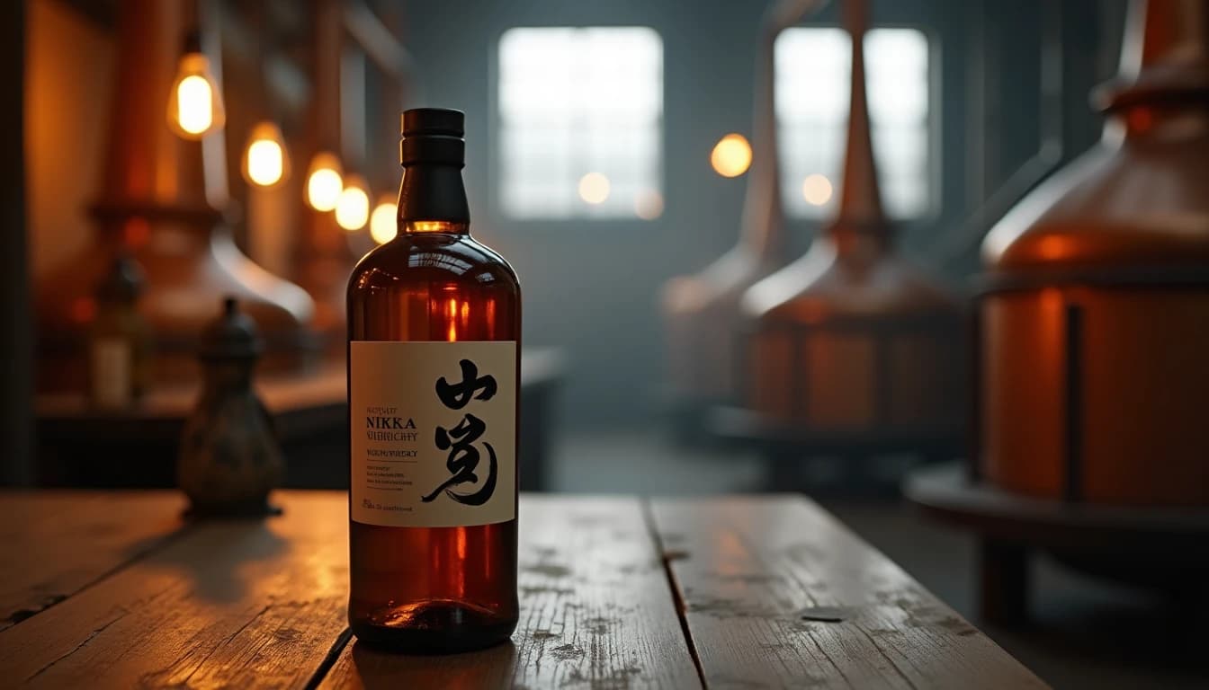 Editorial 16:9 hero shot of a Nikka whisky bottle — dark amber glass, minimal Japanese label typography — placed on a weathered wooden distillery table in Yoichi, Hokkaido. Mist visible through a small industrial window in the background, copper pot stills partially visible. Warm side-lighting from a low factory lamp, deep shadows, earthy amber and charcoal color palette. Photographic style of Whisky Magazine, 35mm lens feel, no candles, no flowers., editorial product photography, Whisky Magazine and Cigar Aficionado style, professional, hyperrealistic, warm amber lighting from window or bar lamp, polished wood and brass, shallow depth of field, 50mm lens look. Avoid: candles, lit candle, flowers, vases, Christmas decorations, neon, futuristic, jewelry, hanging bulbs, digital screens, motion blur, cartoon, illustration.