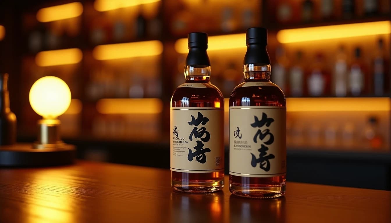 Editorial hero shot of two Japanese whisky bottles side by side on a dark walnut bar surface, one clearly labeled 'Produced in Japan' visible, the other showing only 'Bottled in Japan', warm amber side-lighting from a low bar lamp at left, polished wood grain texture on counter, blurred shelves of whisky bottles in background, Whisky Magazine editorial style, medium close-up, 16:9 composition, rich amber and deep brown color palette, no candles, no flowers, no neon, editorial product photography, Whisky Magazine and Cigar Aficionado style, professional, hyperrealistic, warm amber lighting from window or bar lamp, polished wood and brass, shallow depth of field, 50mm lens look. Avoid: candles, lit candle, flowers, vases, Christmas decorations, neon, futuristic, jewelry, hanging bulbs, digital screens, motion blur, cartoon, illustration.