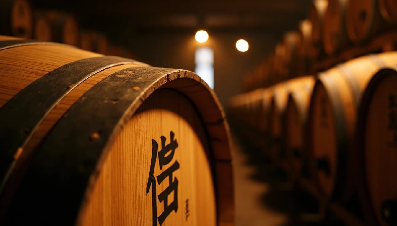 Editorial hero shot of a Mizunara oak whisky barrel in a dimly lit Japanese distillery warehouse, warm amber side light filtering through a small high window, visible grain texture of the pale blond Mizunara wood, a stenciled kanji label on the barrel head, long row of barrels receding into soft darkness behind, photographic style of Whisky Magazine, wide angle 24mm look, deep shadows, golden tones, no candles, no flowers, no neon, editorial product photography, Whisky Magazine and Cigar Aficionado style, professional, hyperrealistic, warm amber lighting from window or bar lamp, polished wood and brass, shallow depth of field, 50mm lens look. Avoid: candles, lit candle, flowers, vases, Christmas decorations, neon, futuristic, jewelry, hanging bulbs, digital screens, motion blur, cartoon, illustration.