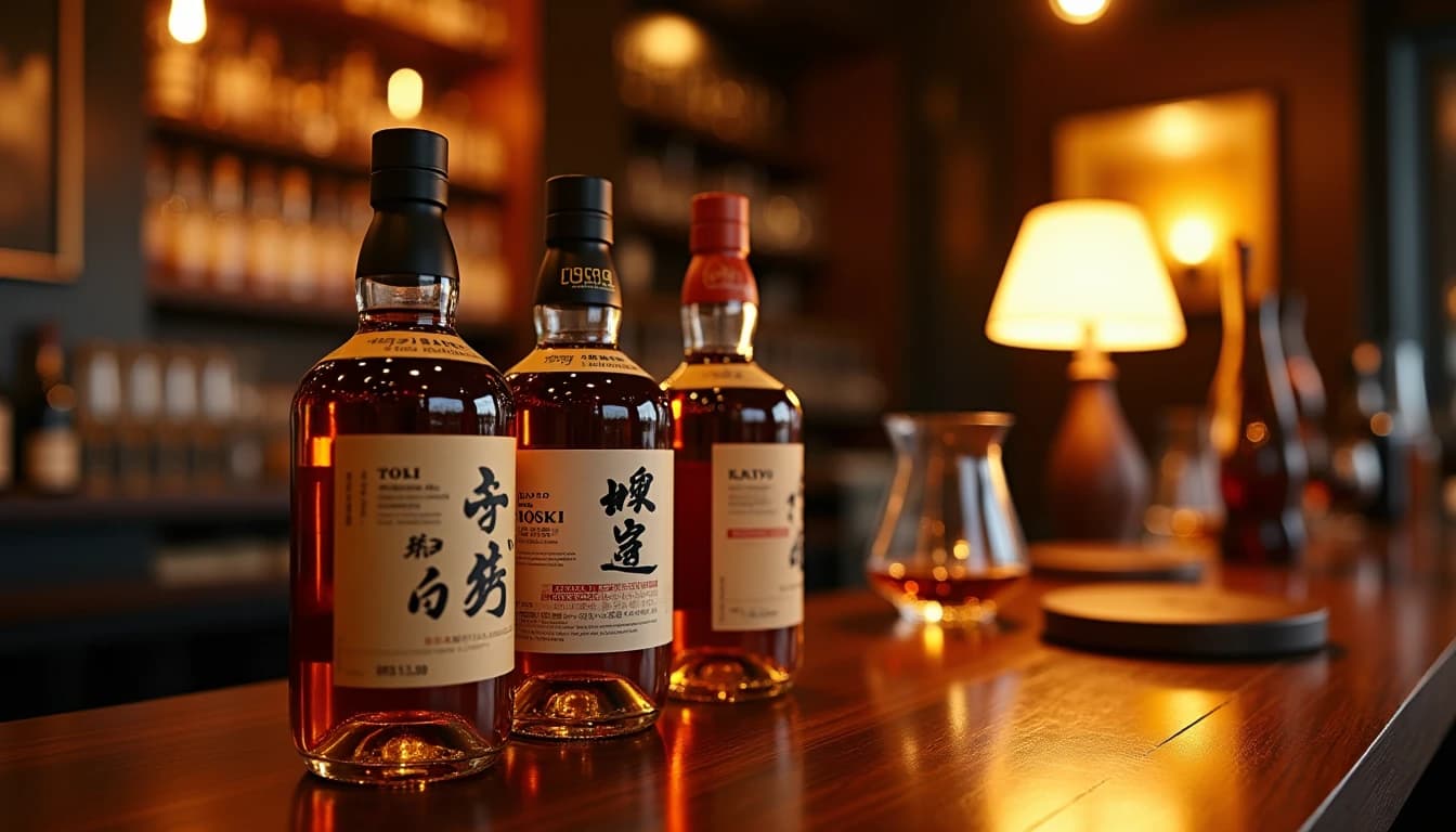 Editorial hero shot of three Japanese whisky bottles — Suntory Toki, Nikka From the Barrel, and Kaiyo — arranged on a dark walnut bar counter in Istanbul, warm amber side lighting from a low bar lamp on the right, polished wood surface reflecting bottle shapes, blurred whisky glasses and bar shelves in background, Whisky Magazine editorial style, 35mm perspective, shallow depth of field, rich amber and dark brown color palette, no candles, no flowers, no neon, editorial product photography, Whisky Magazine and Cigar Aficionado style, professional, hyperrealistic, warm amber lighting from window or bar lamp, polished wood and brass, shallow depth of field, 50mm lens look. Avoid: candles, lit candle, flowers, vases, Christmas decorations, neon, futuristic, jewelry, hanging bulbs, digital screens, motion blur, cartoon, illustration.