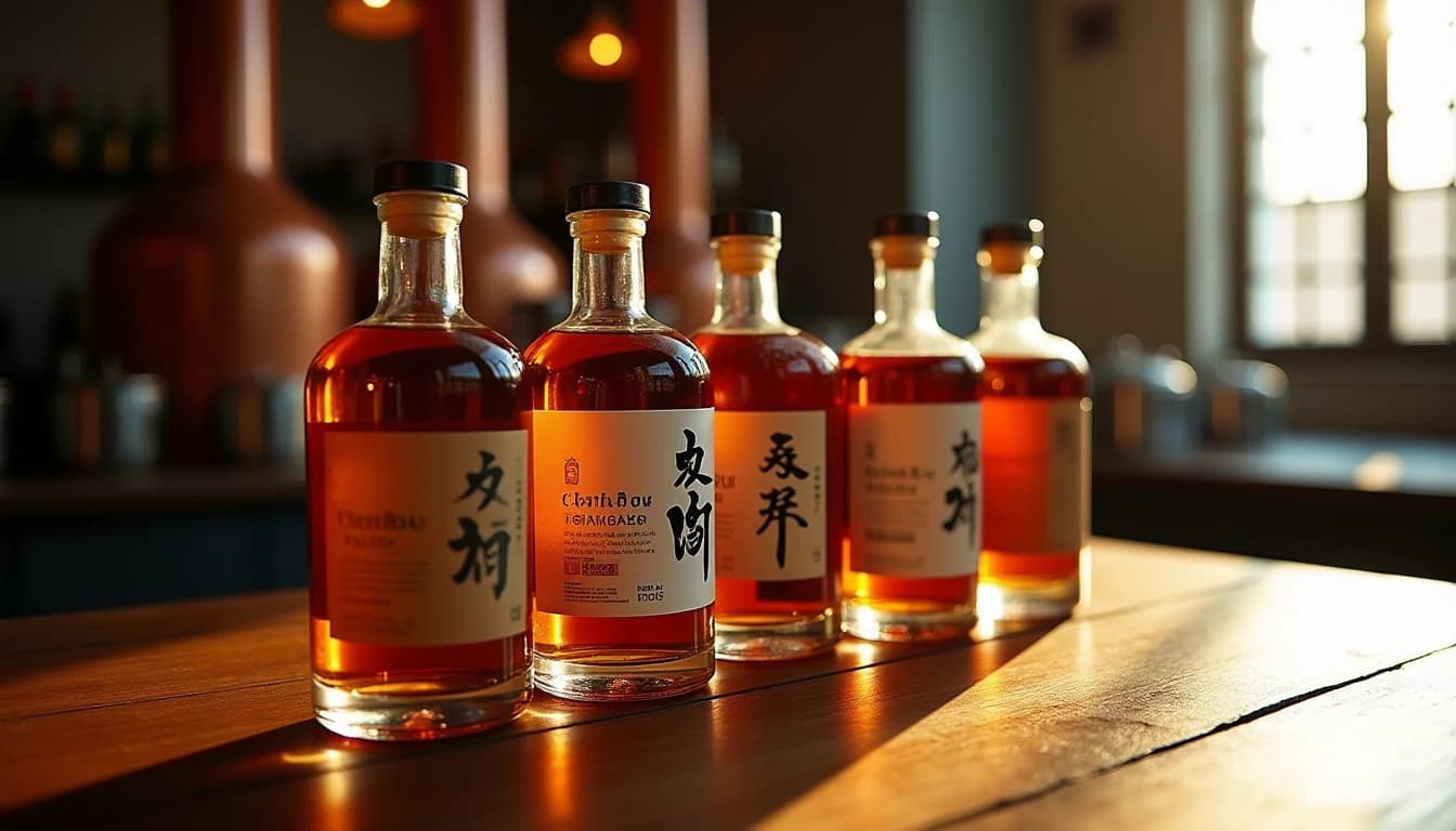 Editorial hero shot of seven different Japanese craft whisky bottles arranged on a dark aged oak table, labels partially visible — Chichibu, Kanosuke, Akkeshi among them, warm amber window light from the right side casting long shadows, shallow depth of field, blurred Japanese distillery copper pot stills in background, rich walnut and brass tones, Whisky Magazine editorial photography style, 35mm wide lens impression, no candles, no flowers, no neon, editorial product photography, Whisky Magazine and Cigar Aficionado style, professional, hyperrealistic, warm amber lighting from window or bar lamp, polished wood and brass, shallow depth of field, 50mm lens look. Avoid: candles, lit candle, flowers, vases, Christmas decorations, neon, futuristic, jewelry, hanging bulbs, digital screens, motion blur, cartoon, illustration.