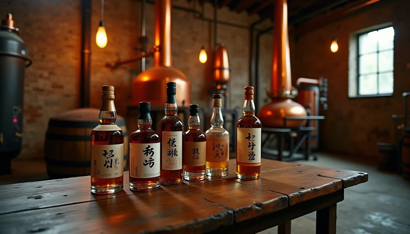 Editorial wide shot of seven different Japanese craft whisky bottles arranged on a dark aged oak table in a dimly lit Japanese distillery warehouse, copper pot stills blurred in background, warm amber side lighting from a low industrial window, bottles include small-batch labels with Japanese typography, stone floor, wooden barrel staves leaning against wall, photographic style of Whisky Magazine, 35mm perspective, no candles, no flowers, no neon, editorial product photography, Whisky Magazine and Cigar Aficionado style, professional, hyperrealistic, warm amber lighting from window or bar lamp, polished wood and brass, shallow depth of field, 50mm lens look. Avoid: candles, lit candle, flowers, vases, Christmas decorations, neon, futuristic, jewelry, hanging bulbs, digital screens, motion blur, cartoon, illustration.