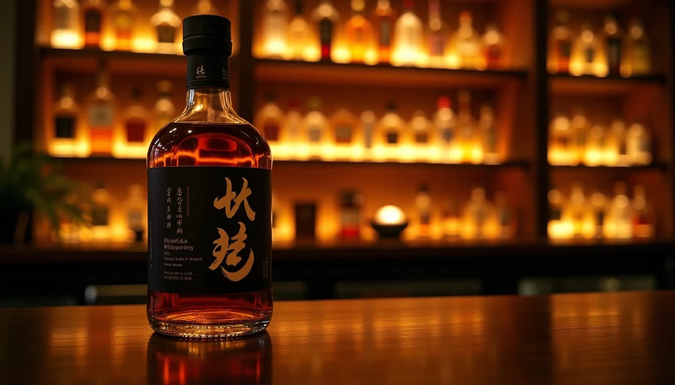 Editorial hero shot of a Japanese whisky bottle (dark label, kanji script) standing on a polished dark wood bar counter in a dimly lit Tokyo whisky bar, warm amber backlight from a low shelf lamp illuminating the liquid inside the bottle in deep copper-gold tones, rows of blurred bottles on shelves in background, shallow depth of field, 35mm photographic look, Whisky Magazine editorial style, no candles, no flowers, no neon, editorial product photography, Whisky Magazine and Cigar Aficionado style, professional, hyperrealistic, warm amber lighting from window or bar lamp, polished wood and brass, shallow depth of field, 50mm lens look. Avoid: candles, lit candle, flowers, vases, Christmas decorations, neon, futuristic, jewelry, hanging bulbs, digital screens, motion blur, cartoon, illustration.