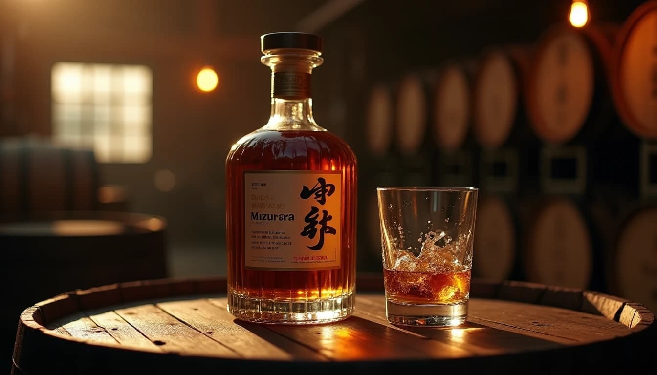Editorial hero shot of a Japanese whisky bottle labeled 'Mizunara' on a dark aged oak barrel surface, golden amber liquid visible in a Glencairn glass beside it, soft warm side lighting from a distant bar window, deep shadows behind, whisky condensation on glass, background shows stacked barrels in a dim Japanese distillery warehouse, photographic style of Whisky Magazine, wide 35mm lens impression, shallow depth of field, color palette of amber, dark walnut, and deep charcoal, no candles, no flowers, no neon, editorial product photography, Whisky Magazine and Cigar Aficionado style, professional, hyperrealistic, warm amber lighting from window or bar lamp, polished wood and brass, shallow depth of field, 50mm lens look. Avoid: candles, lit candle, flowers, vases, Christmas decorations, neon, futuristic, jewelry, hanging bulbs, digital screens, motion blur, cartoon, illustration.