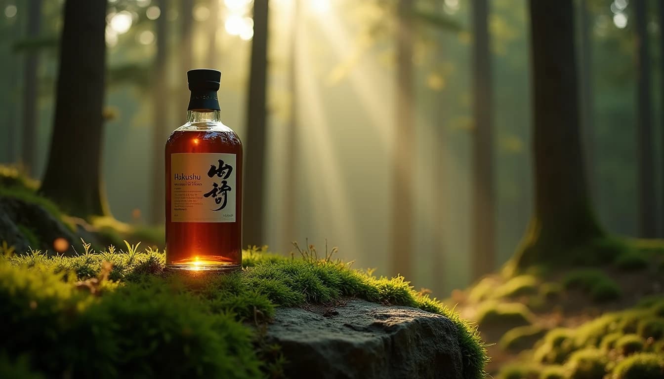 Editorial hero shot of a Hakushu single malt whisky bottle placed on a mossy granite rock surface in a dense Japanese mountain forest, soft diffused morning light filtering through tall cedar trees, green and amber color palette, shallow depth of field, bokeh forest background, medium shot, photographic style of Whisky Magazine, no candles, no flowers, no neon, editorial product photography, Whisky Magazine and Cigar Aficionado style, professional, hyperrealistic, warm amber lighting from window or bar lamp, polished wood and brass, shallow depth of field, 50mm lens look. Avoid: candles, lit candle, flowers, vases, Christmas decorations, neon, futuristic, jewelry, hanging bulbs, digital screens, motion blur, cartoon, illustration.