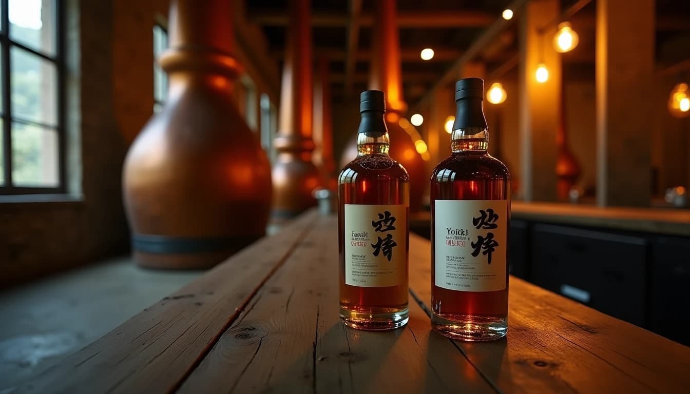 Editorial wide-angle hero shot of Nikka whisky bottles — From The Barrel and a Yoichi Single Malt — arranged on a dark aged oak table in a dimly lit Japanese distillery corridor, stone walls visible in background, warm amber side-lighting from a narrow industrial window on the left, copper pot still partially visible in soft blur behind, photographic style of Whisky Magazine, rich shadows, no candles, no flowers, deep tones of charcoal and amber, editorial product photography, Whisky Magazine and Cigar Aficionado style, professional, hyperrealistic, warm amber lighting from window or bar lamp, polished wood and brass, shallow depth of field, 50mm lens look. Avoid: candles, lit candle, flowers, vases, Christmas decorations, neon, futuristic, jewelry, hanging bulbs, digital screens, motion blur, cartoon, illustration.