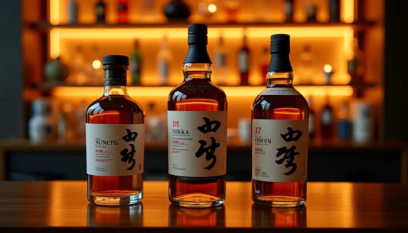 Editorial hero shot of three Japanese whisky bottles — Suntory Toki, Nikka From the Barrel, and Kaiyo — arranged on a dark walnut bar counter in Istanbul, warm amber backlight from a low bar lamp behind the bottles, shallow depth of field, polished wood surface reflecting bottle shapes, blurred glass shelves in background, Whisky Magazine editorial style, 35mm lens impression, no candles, no flowers, no neon, editorial product photography, Whisky Magazine and Cigar Aficionado style, professional, hyperrealistic, warm amber lighting from window or bar lamp, polished wood and brass, shallow depth of field, 50mm lens look. Avoid: candles, lit candle, flowers, vases, Christmas decorations, neon, futuristic, jewelry, hanging bulbs, digital screens, motion blur, cartoon, illustration.