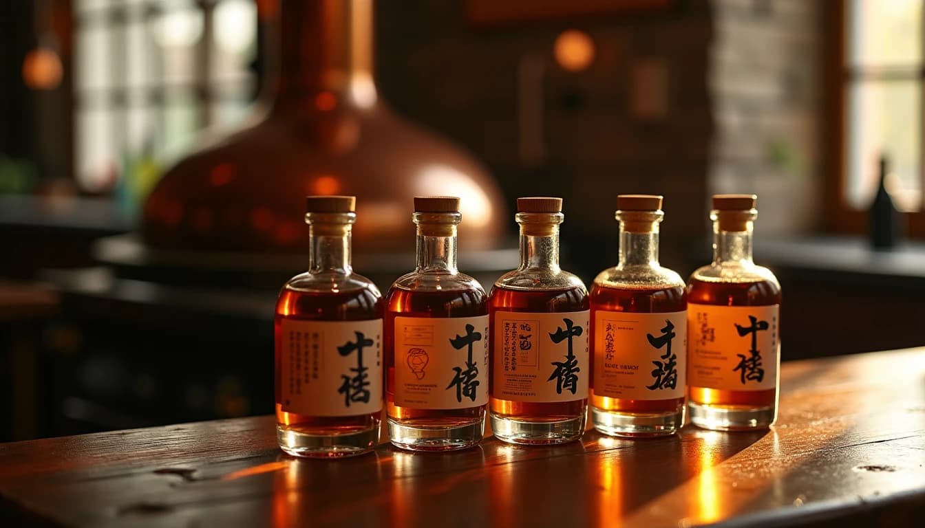 Editorial 16:9 hero shot of seven small Japanese whisky bottles arranged on a dark aged oak bar counter, labels partially visible showing Japanese kanji, warm amber window light from the right casting soft shadows, shallow depth of field with blurred copper pot still in background, rich brown and gold color palette, Whisky Magazine photographic style, 35mm lens impression, no candles, no flowers, no neon, editorial product photography, Whisky Magazine and Cigar Aficionado style, professional, hyperrealistic, warm amber lighting from window or bar lamp, polished wood and brass, shallow depth of field, 50mm lens look. Avoid: candles, lit candle, flowers, vases, Christmas decorations, neon, futuristic, jewelry, hanging bulbs, digital screens, motion blur, cartoon, illustration.