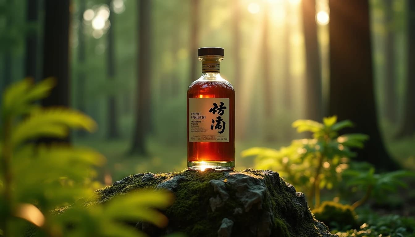 Editorial hero shot of a Hakushu Japanese single malt whisky bottle standing on a mossy granite rock in a dense Japanese cedar forest, soft diffused morning light filtering through tree canopy from above, green and amber color palette, shallow depth of field blurring fern leaves in foreground, photographic style of Whisky Magazine, 35mm cinematic look, no candles, no flowers, no neon, editorial product photography, Whisky Magazine and Cigar Aficionado style, professional, hyperrealistic, warm amber lighting from window or bar lamp, polished wood and brass, shallow depth of field, 50mm lens look. Avoid: candles, lit candle, flowers, vases, Christmas decorations, neon, futuristic, jewelry, hanging bulbs, digital screens, motion blur, cartoon, illustration.