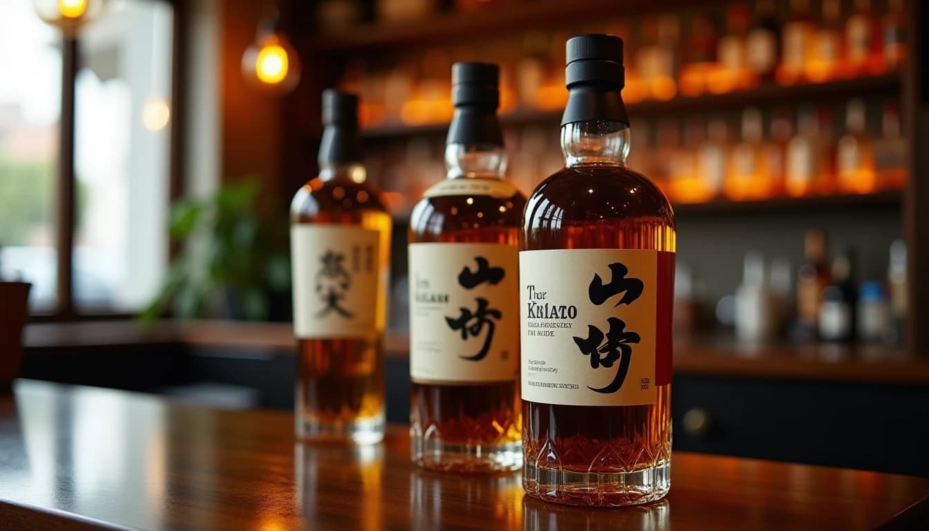 Editorial hero shot of three Japanese whisky bottles — Suntory Toki, Nikka From the Barrel, and Kaiyo — standing on a dark walnut bar counter in Istanbul, amber warm light from the left side window, reflections visible on polished wood surface, blurred bar shelving in background, shallow depth of field, Whisky Magazine editorial style, 35mm lens look, no candles, no flowers, muted warm color palette, editorial product photography, Whisky Magazine and Cigar Aficionado style, professional, hyperrealistic, warm amber lighting from window or bar lamp, polished wood and brass, shallow depth of field, 50mm lens look. Avoid: candles, lit candle, flowers, vases, Christmas decorations, neon, futuristic, jewelry, hanging bulbs, digital screens, motion blur, cartoon, illustration.