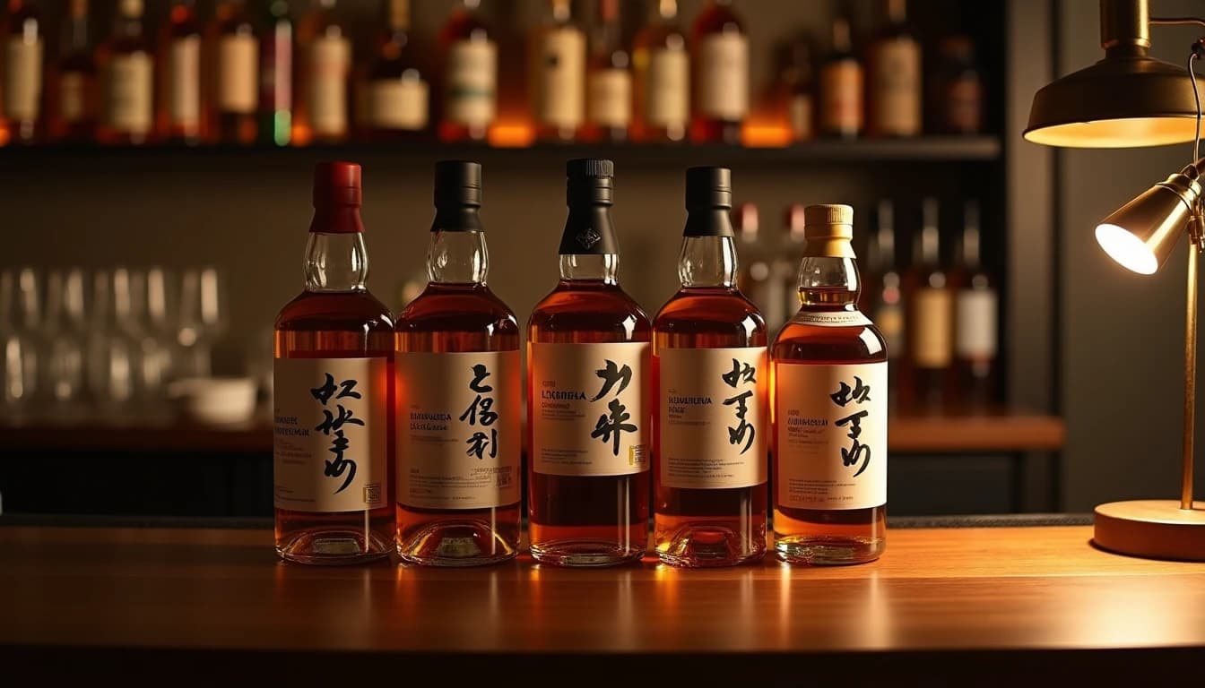 Editorial hero shot of five Japanese whisky bottles lined up on a dark walnut bar counter — including recognizable single malt silhouettes — soft warm amber side light from a low bar lamp on the right, polished wood surface reflection, blurred shelves of bottles in background, shallow depth of field, muted earthy tones with golden highlights, Whisky Magazine style, 35mm lens look, no candles, no flowers, no neon, editorial product photography, Whisky Magazine and Cigar Aficionado style, professional, hyperrealistic, warm amber lighting from window or bar lamp, polished wood and brass, shallow depth of field, 50mm lens look. Avoid: candles, lit candle, flowers, vases, Christmas decorations, neon, futuristic, jewelry, hanging bulbs, digital screens, motion blur, cartoon, illustration.