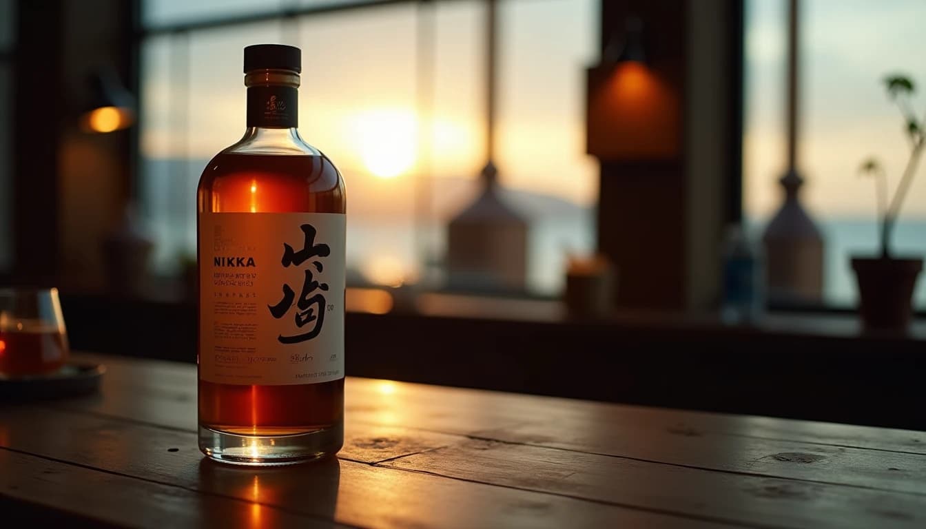 Editorial hero shot of a Nikka whisky bottle on a dark weathered wooden distillery table at Yoichi, Hokkaido coastline faintly visible through a frosted industrial window behind, warm amber low-key side lighting from a single lamp, shallow depth of field emphasizing the bottle label, matte copper and charcoal tones, whisky still silhouette blurred in background, Whisky Magazine editorial style, 35mm lens look, no candles, no flowers, no neon, editorial product photography, Whisky Magazine and Cigar Aficionado style, professional, hyperrealistic, warm amber lighting from window or bar lamp, polished wood and brass, shallow depth of field, 50mm lens look. Avoid: candles, lit candle, flowers, vases, Christmas decorations, neon, futuristic, jewelry, hanging bulbs, digital screens, motion blur, cartoon, illustration.