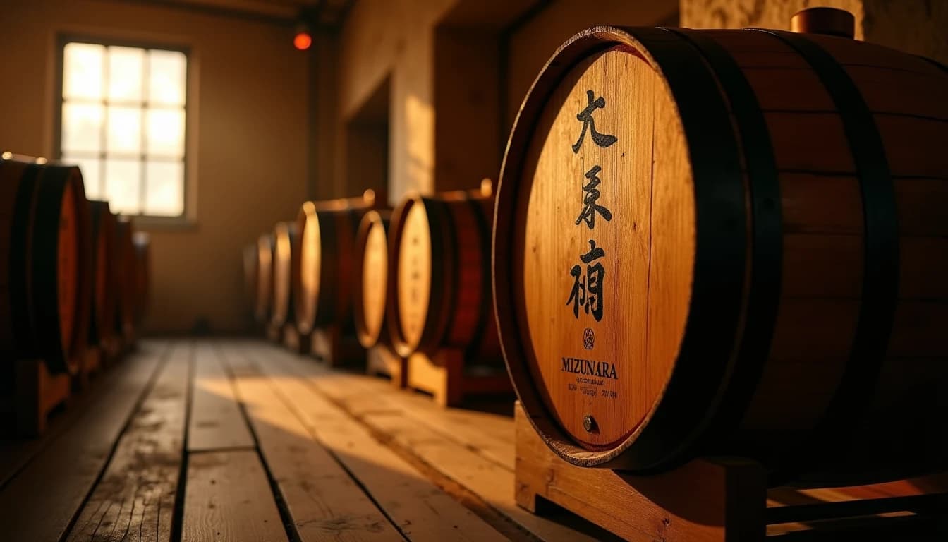 Editorial hero shot of a single Mizunara oak whisky cask in a dimly lit Japanese distillery warehouse, warm amber side lighting from a small frosted window, rough-hewn wooden floor, other casks stacked in soft background blur, barrel head branded with Japanese kanji and distillery mark clearly visible, low-key warm tones, photographic style of Whisky Magazine, wide-angle 35mm look, deep shadows, no candles, no flowers, editorial product photography, Whisky Magazine and Cigar Aficionado style, professional, hyperrealistic, warm amber lighting from window or bar lamp, polished wood and brass, shallow depth of field, 50mm lens look. Avoid: candles, lit candle, flowers, vases, Christmas decorations, neon, futuristic, jewelry, hanging bulbs, digital screens, motion blur, cartoon, illustration.