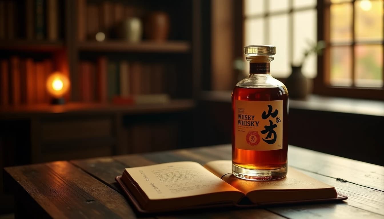 Editorial hero shot of a Nikka Whisky bottle on a dark weathered wooden table in a dimly lit Japanese study room, warm amber side light coming through a shoji screen window, a worn leather-bound notebook open beside the bottle with handwritten notes visible, blurred bookshelves in background, deep shadows, cinematic low-key lighting, 35mm photographic feel, Whisky Magazine editorial style, no candles, no flowers, editorial product photography, Whisky Magazine and Cigar Aficionado style, professional, hyperrealistic, warm amber lighting from window or bar lamp, polished wood and brass, shallow depth of field, 50mm lens look. Avoid: candles, lit candle, flowers, vases, Christmas decorations, neon, futuristic, jewelry, hanging bulbs, digital screens, motion blur, cartoon, illustration.