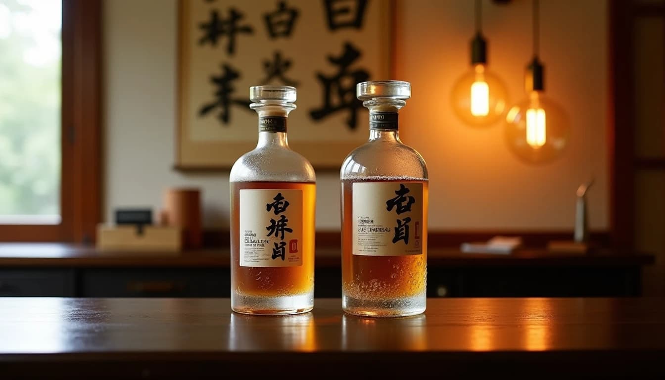 Editorial hero shot of two Japanese whisky bottles side by side on a dark paulownia wood surface — one with a clear distillery name label, one with only a vague brand logo, soft warm amber light from the left through a shoji screen window, condensation detail on glass, blurred Japanese calligraphy scroll in background, shallow depth of field, Whisky Magazine editorial style, 35mm look, no candles, no flowers, no neon, editorial product photography, Whisky Magazine and Cigar Aficionado style, professional, hyperrealistic, warm amber lighting from window or bar lamp, polished wood and brass, shallow depth of field, 50mm lens look. Avoid: candles, lit candle, flowers, vases, Christmas decorations, neon, futuristic, jewelry, hanging bulbs, digital screens, motion blur, cartoon, illustration.