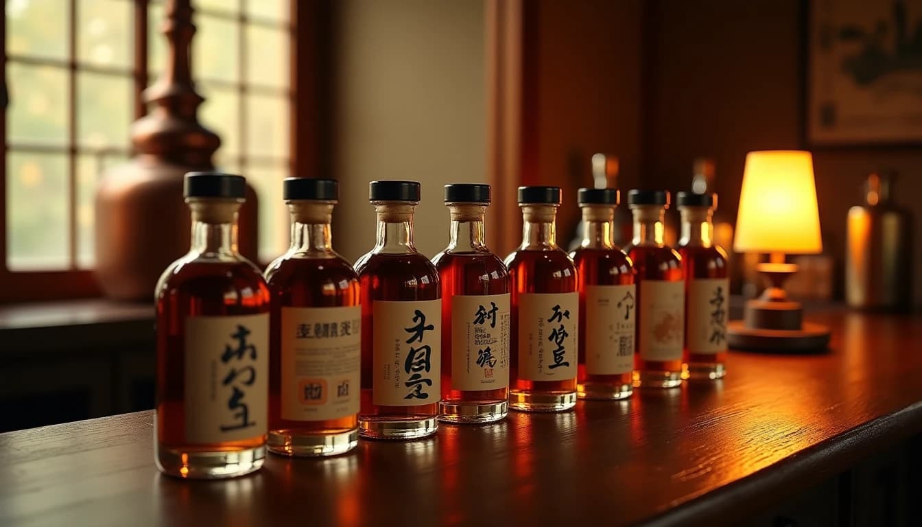Editorial wide shot of seven small Japanese craft whisky bottles lined up on a dark aged oak bar counter, each with distinct label designs, warm amber side lighting from a bar lamp on the right, blurred traditional Japanese shoji screen in background, copper pot still visible in far corner, bottles reflected slightly on the polished surface, photographic style of Whisky Magazine, 35mm cinematic look, rich amber and charcoal color palette, no candles, no flowers, no neon, editorial product photography, Whisky Magazine and Cigar Aficionado style, professional, hyperrealistic, warm amber lighting from window or bar lamp, polished wood and brass, shallow depth of field, 50mm lens look. Avoid: candles, lit candle, flowers, vases, Christmas decorations, neon, futuristic, jewelry, hanging bulbs, digital screens, motion blur, cartoon, illustration.