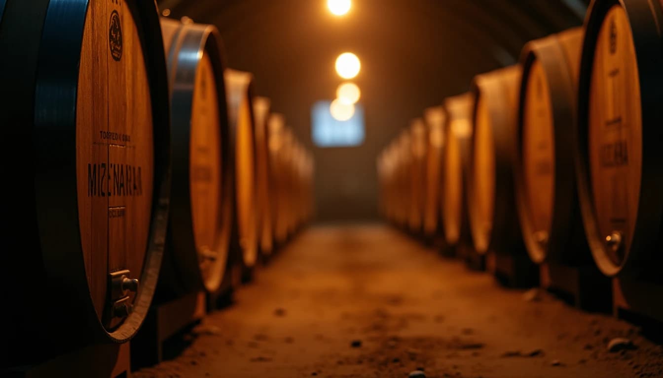 Editorial hero shot of a Mizunara oak whisky cask in a dimly lit Japanese distillery warehouse, warm amber tones from a single overhead lamp illuminating the barrel surface, visible wood grain and natural cracks on the stave, mist rising slightly from the earthen floor, deep shadows and bokeh barrels in background, photographic style of Whisky Magazine, 24mm wide lens impression, no candles, no flowers, no neon, editorial product photography, Whisky Magazine and Cigar Aficionado style, professional, hyperrealistic, warm amber lighting from window or bar lamp, polished wood and brass, shallow depth of field, 50mm lens look. Avoid: candles, lit candle, flowers, vases, Christmas decorations, neon, futuristic, jewelry, hanging bulbs, digital screens, motion blur, cartoon, illustration.